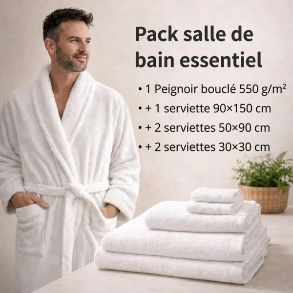 Pack d'hôtellerie : 1 peignoir bouclette+ 2 serviettes 50x90 cm+ 2 serviettes 30x30 cm+ 1 serviette 90x150 cm (100% coton)
